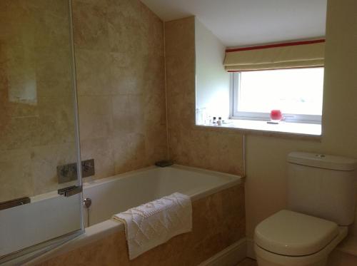 a bathroom with a tub and a toilet and a window at The Coach House in Ross on Wye