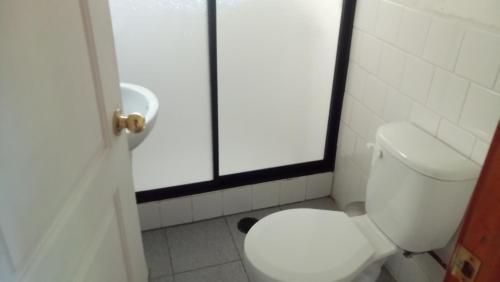 łazienka z białą toaletą i oknem w obiekcie Cabaa Hualle con hot tub exclusivo cerca de termas y lago w mieście Coñaripe