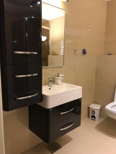 een badkamer met een wastafel en een spiegel bij Hinna Paradise in Stavanger