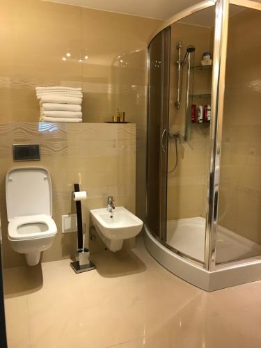 ein Bad mit einer Dusche, einem WC und einem Waschbecken in der Unterkunft Hinna Paradise in Stavanger