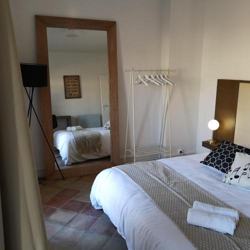 1 dormitorio con 1 cama grande y espejo en Suite Familiale Saint-Exupéry-Spacieux-Hypercentre-wifi-vélo en Castelnaudary