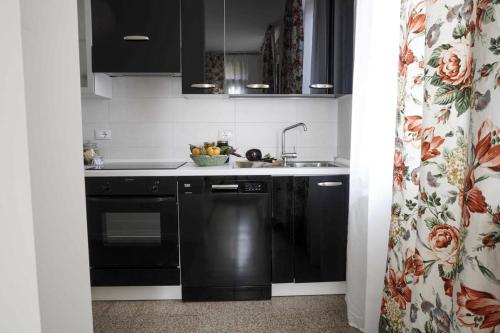 a kitchen with black appliances and a sink at Prosecco Collalto Lodge in Susegana