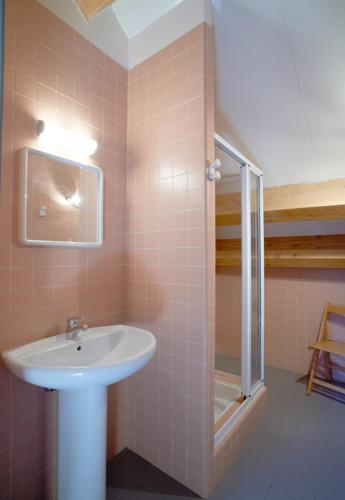 une salle de bain avec un lavabo et une douche dans l'établissement Gîtes du Presbytère, à Saint-Dalmas-le-Selvage