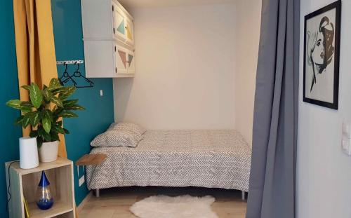 een kleine slaapkamer met een bed en een plant bij Studio La Touvière in Évian-les-Bains