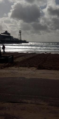 uma pessoa caminhando na praia perto do oceano em The Annexe em Bournemouth