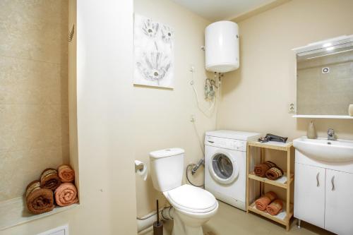 基輔的住宿－Квартира поруч із Палацом Україна та Ocean Plaza，浴室配有卫生间、盥洗盆和洗衣机。