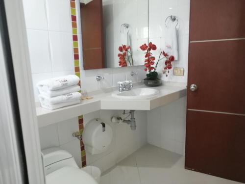a bathroom with a sink and a toilet and a mirror at Hotel Buena Vista Express in Bucaramanga