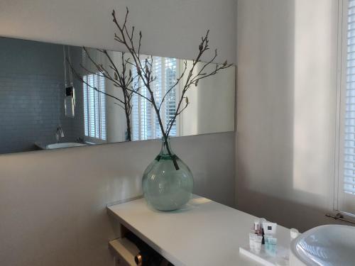 a vase with branches in it sitting on a counter in a bathroom at B&B Hart van Leiden in Leiden