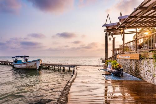 a wooden dock with a boat on the water at Hotel Isla del Encanto in Baru