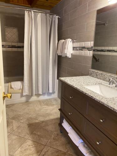 a bathroom with a sink and a shower at Crown Lake Resort in Horseshoe Bend