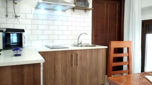 a kitchen with a sink and a microwave at Alojamiento Rural La Estrella de David in Almagro