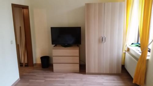 a room with a television on a dresser with a closet at Hotel-Garni "Zum Löwen" in Bad Freienwalde