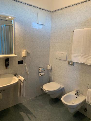 y baño con aseo y lavamanos. en Albergo Cavallino s'Rössl, en Merano