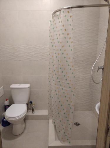 a bathroom with a toilet and a shower curtain at Квартира в ЖК Атриум in Irpin'