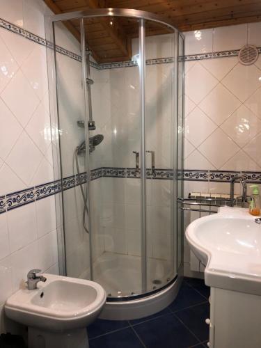 a bathroom with a shower and a toilet and a sink at Casa Pelourinho in Gouveia