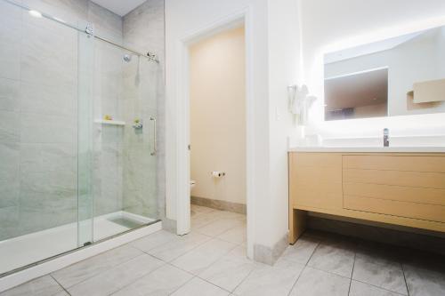a bathroom with a shower and a sink at Palace Inn Blue Federal Road in Houston