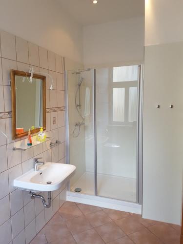 ein Bad mit einer Dusche und einem Waschbecken in der Unterkunft Schillers Hotel & Café - GARNI - in Lüdenscheid