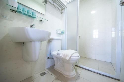La salle de bains est pourvue de toilettes, d'un lavabo et d'une douche. dans l'établissement Sioufu B&B, à Wujie