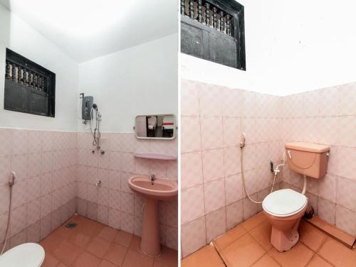 two pictures of a bathroom with a toilet and a sink at Eestee Rest in Colombo