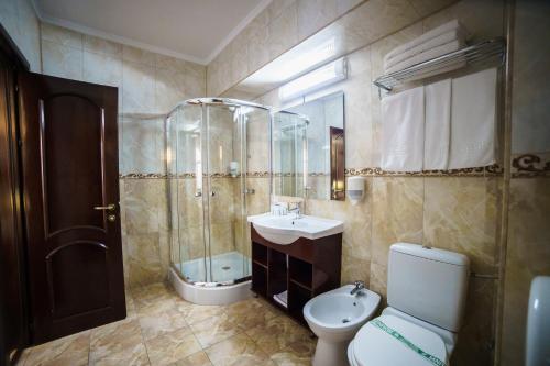 a bathroom with a toilet and a sink and a shower at Grand Hotel Orient Braila in Brăila