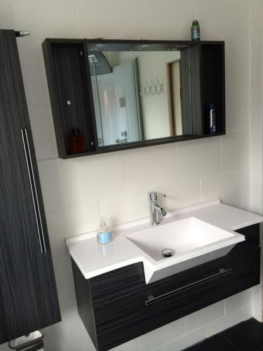 a bathroom with a white sink and a mirror at Huis bij Willingen in Eimelrod