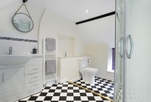 a bathroom with a checkered floor and a toilet at Riverside House in Broom
