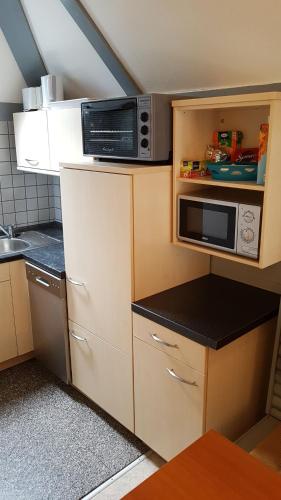 基希海姆的住宿－Ferienhaus im Seepark Kirchheim，带微波炉和水槽的小厨房