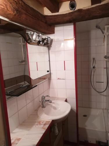 une salle de bain avec un lavabo et une douche dans l'établissement La campagne vallée de Chevreuse à 35 KM de Paris, à Fontenay-lès-Briis