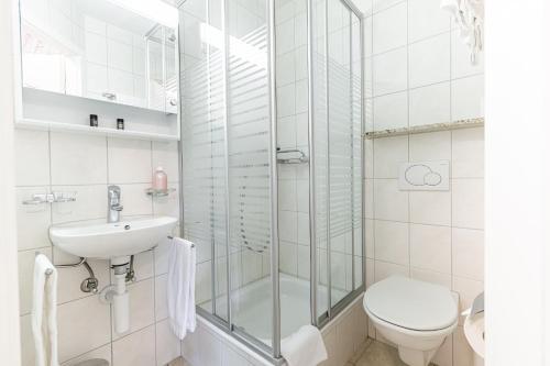 a bathroom with a shower and a toilet and a sink at Gasthof Bären in Hasliberg