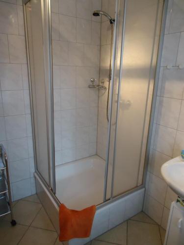 a shower with a glass door in a bathroom at Pension Thaler Hof in Thale