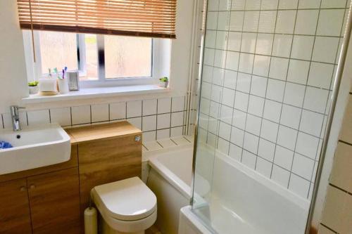 uma casa de banho com um WC, um lavatório e um chuveiro em Amazing holiday home refurbished em Great Yarmouth