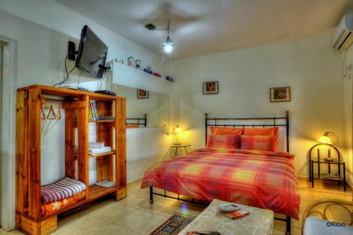 a bedroom with a bed and a flat screen tv at Country lodging in Manot in Manot