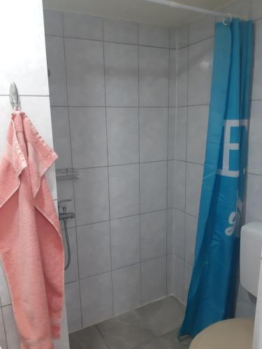 a bathroom with a shower with a blue shower curtain at SubotićSmještaj in Kulaši
