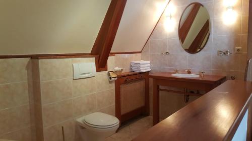 uma casa de banho com um WC, um lavatório e um espelho. em Boetiek Hotel Marum em Marum