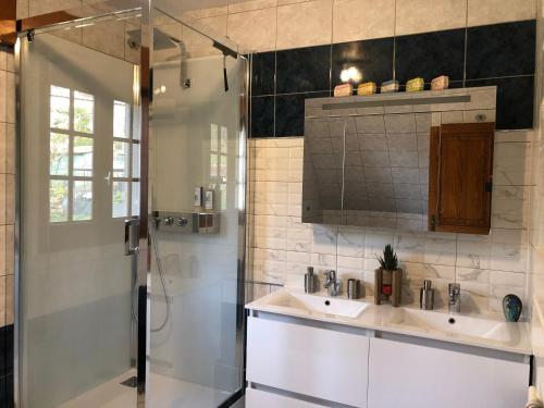 a bathroom with a shower and two sinks and a shower at Côté Coteau in Villiers-sur-Loir