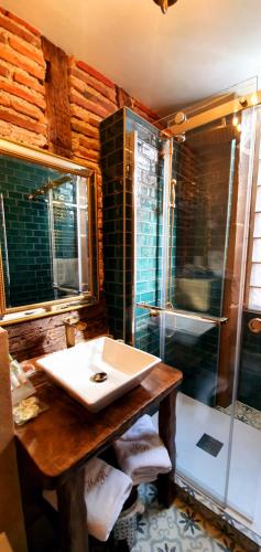 a bathroom with a sink and a shower at Hôtel Renaissance in Castres