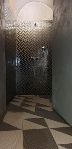 a bathroom with a glass door and a black and white checkered floor at Stella Sky in Ljubljana