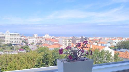 a vase with flowers sitting on a window sill at Panorama Penthouse in Espinho