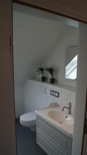 ハンデヴィットにあるFerienwohnung Lohfのバスルーム(洗面台、トイレ、鏡付)