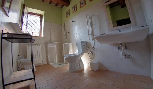 een badkamer met een wastafel, een toilet en een spiegel bij Agriturismo il Corniolo in Cenerente