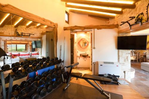 a gym with rows of exercise equipment in a room at Villa Madera by CorfuEscapes in Kompítsion