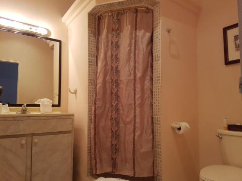 a bathroom with a shower with a sink and a toilet at Beya Suites in Punta Gorda