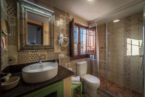 ein Badezimmer mit einem Waschbecken, einem WC und einem Spiegel in der Unterkunft Al Agia - Mirador Alto Cijancos in Padul
