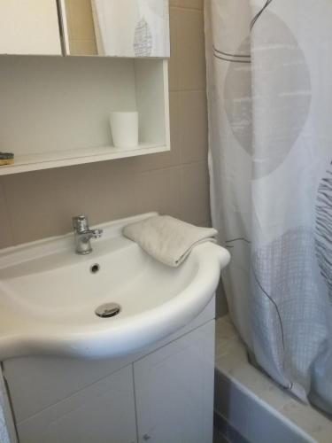 une salle de bain avec un lavabo blanc et une douche dans l'établissement Appartement Santocha, à Capbreton