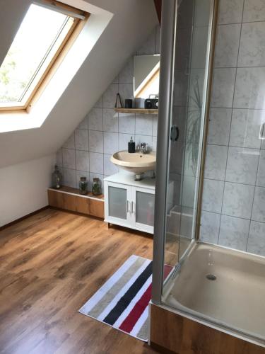 a bathroom with a shower and a sink at Ferienwohnung Brockenblick in Wernigerode