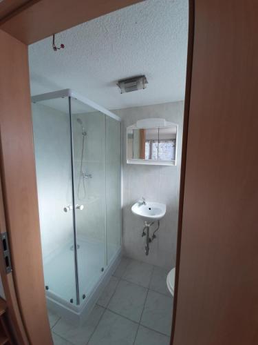 a bathroom with a glass shower and a sink at Biberach-Riss-Zimmer-frei, Einzel-Zimmer Bad Küche in Birkenhard