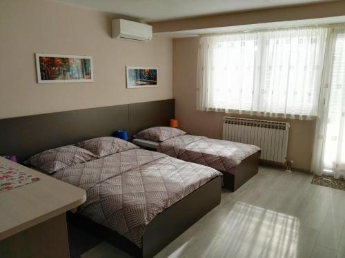een slaapkamer met 2 bedden en een raam bij Apartmani Janjic in Banja Luka