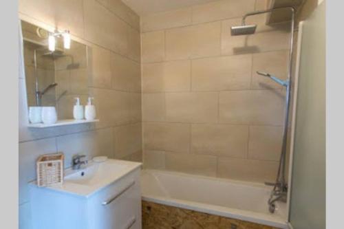 y baño con bañera, lavamanos y ducha. en Le Schnokeloch, en Estrasburgo
