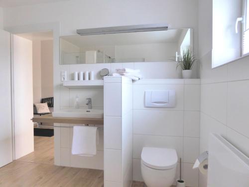 a white bathroom with a toilet and a sink at Ferienwohnungen 'An der Schlossinsel' mit Wasserzugang in Lübben