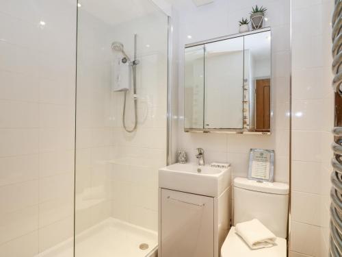 a bathroom with a toilet and a sink and a shower at Offshore in Porthtowan